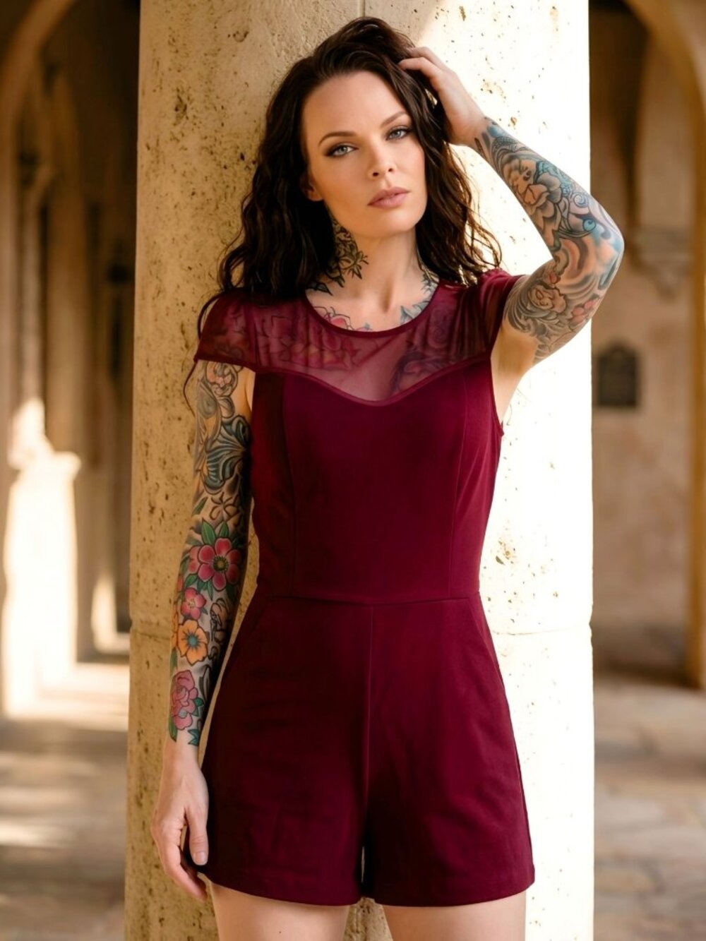 BCBGeneration Burgundy Deep Maroon Sheer Mesh Yoke Keyhole Romper Shorts NWT 6